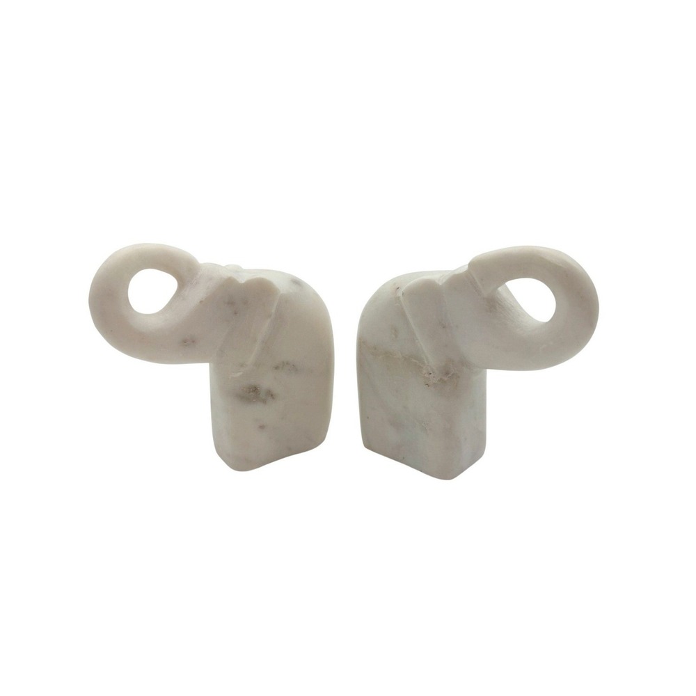 Heavy Marble Elephant Bookends Carved‎ Stone Pair Mid Century Modern MADE INDIA
